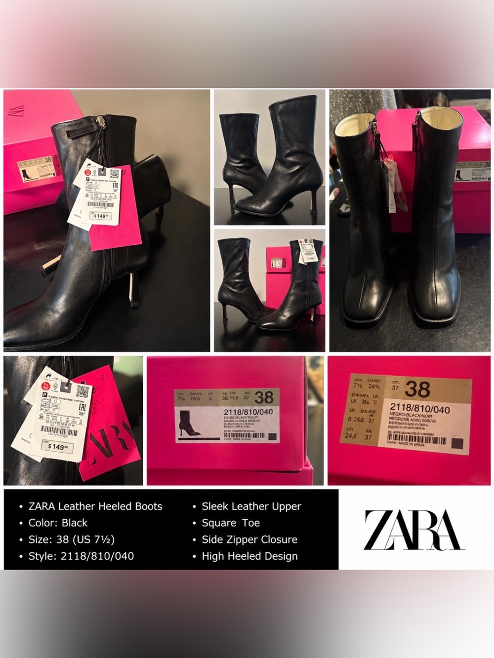 Zara Black Mid-Calf Stiletto-Heel Boots leather nwt